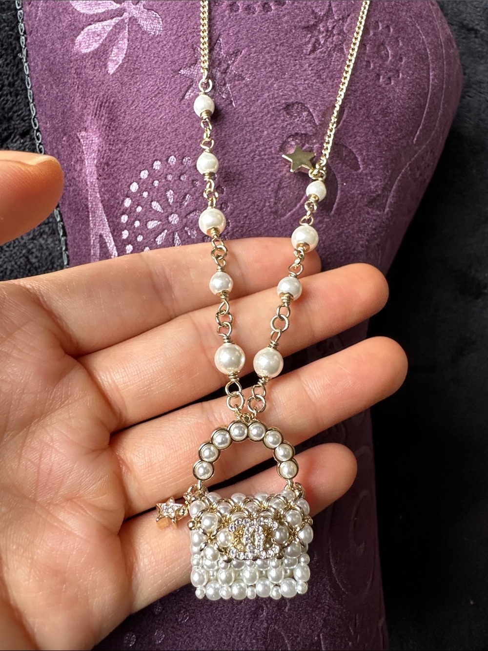 18K Gold-Tone Pearl Necklace with Handbag Pendant
